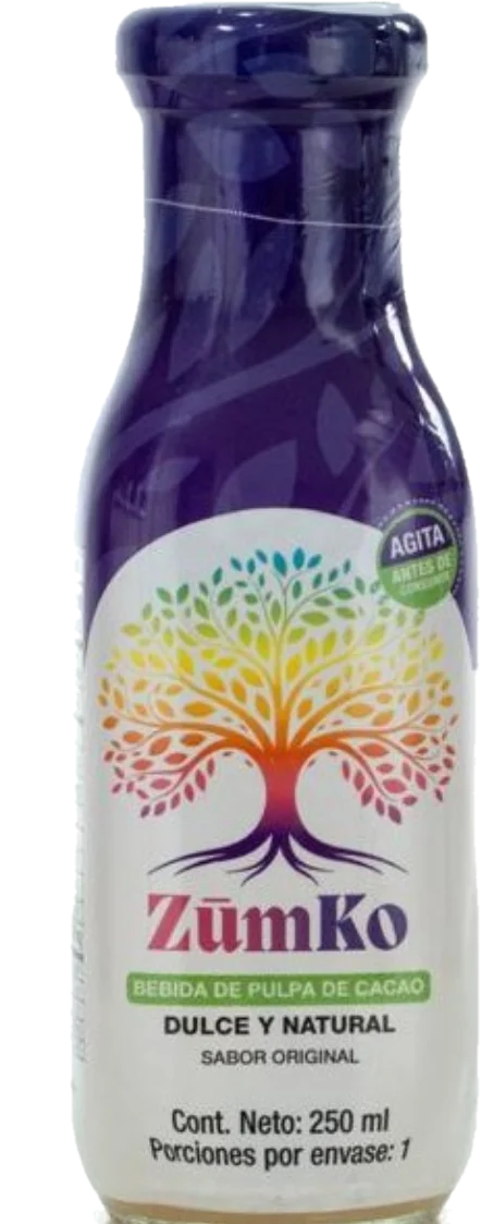 Botella de vidrio de ZūmKo, bebida de pulpa de cacao de 250 ml.